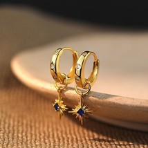 Women 18k Yellow Gold Plated Lady Blue CZ Drop Huggie Hoop Leverback Earrings - £46.13 GBP
