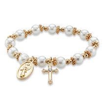 PalmBeach Jewelry Simulated Pearl and Bead Goldtone Religious Stretch Bracelet - £22.03 GBP
