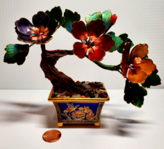 Vintage Cloisonne Carved Coral Flower Centers Leaf Bonsai Tree Genuine G... - $49.49