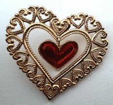 Heart Brooch Pin Gold and Red Enamel Swinging Heart Perfect for Valentin... - $17.99