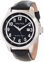 Nautica Men&#39;s N13604G Classic Analog Date Watch - Black Dial Black Leather Band - £44.01 GBP
