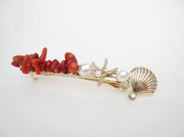 Long slim gold metal red stone seashell starfish pearl crystal hair clip - £9.33 GBP