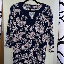 Talbots Womens S Top Paisely Embroidered Navy Blue Pink Cotton Blend 3/4 Sleeve - £11.03 GBP