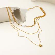 Natural Freshwater Pearl Stainless Steel Choker Necklace 18k Gold Chain Three La - £5.65 GBP