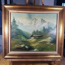 Valley Mountain Cabin Forest Farm Oil On Canvas 32 X 28 - £155.33 GBP