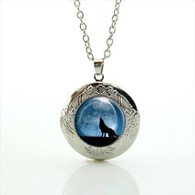 Silhouette Wolf Moon Cabochon LOCKET Pendant Silver Chain Necklace USA Ship #22 - £11.99 GBP