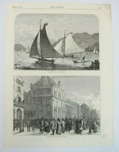 Antique 1871 Wood Engraving Print Ice Boats on Hudson, Arrival Pigeon in... - £23.50 GBP