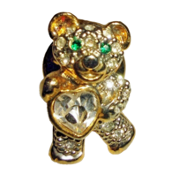 Teddy Bear Lapel Hat Pin Heart Rhinestone Vintage 3/4 inch - £4.40 GBP