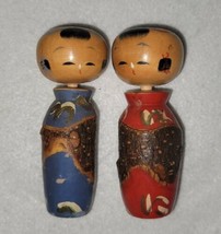 2 VINTAGE JAPANESE KOKESHI DOLLS Wooden with Bark • Blue &amp; Red Japan Fol... - £22.30 GBP