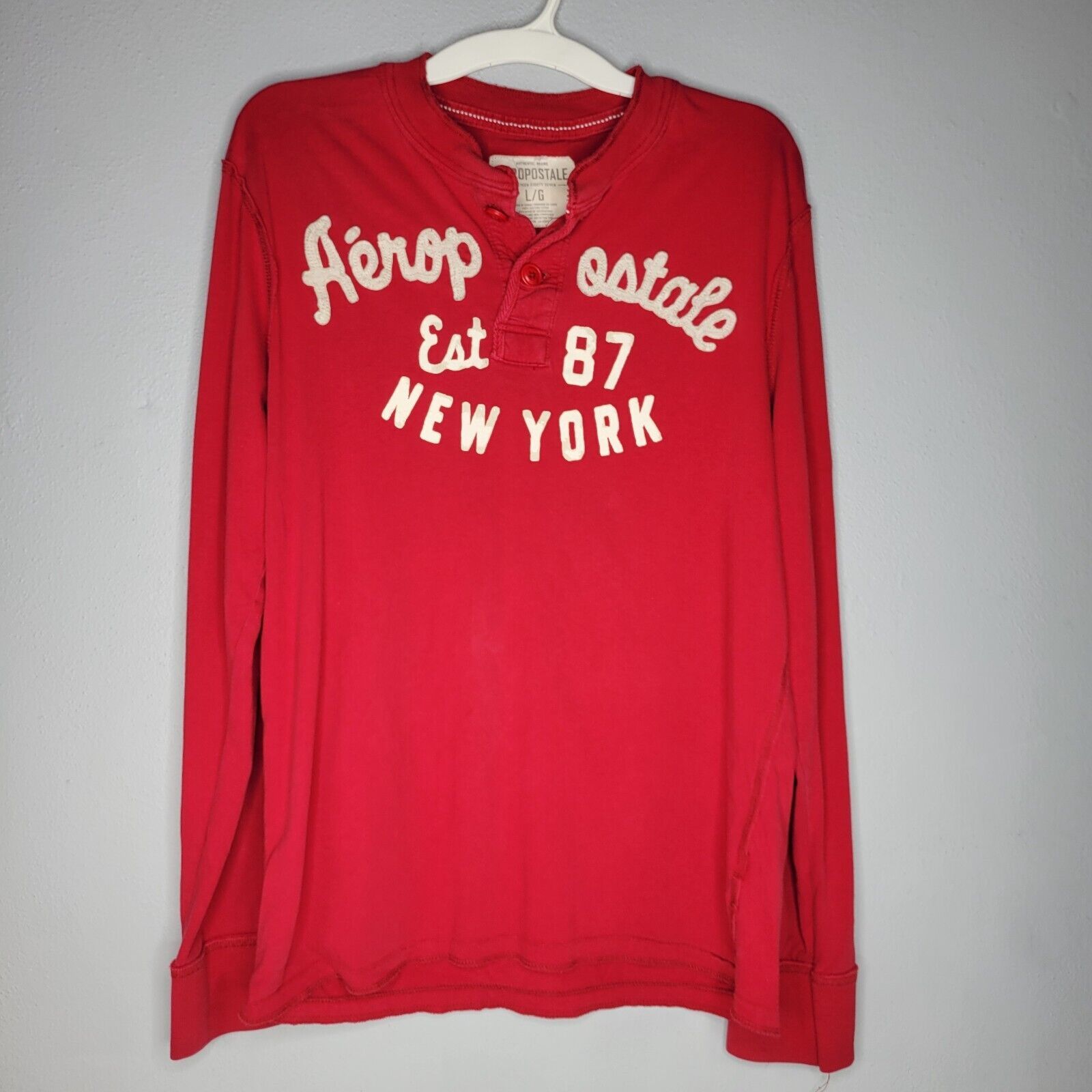 Aeropostale Mens Shirt Large Red New York Sweatshirt Long Sleeve Buttons Casual - $14.61