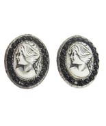 Vintage Cameo White Lady Black Beaded Earrings Clip On Silver Tone - £10.32 GBP