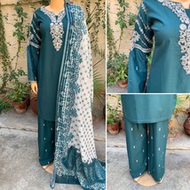 Pakistani Dark Teal Straight  Style 3-PCS Soft Cotton Suit w/ FancyThread work,S - £50.78 GBP