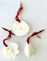 3 White Seashell Christmas Ornaments Sand Dollar Scallop Cowrie on Red Ribbons - £15.14 GBP