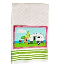 Retro Camper Kitchen Towel Applique Trailer White Green Stripes Cotton G... - $12.44
