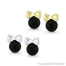 4mm Jet Black Onyx Agate Ribbon Bow 14k White / Yellow Gold 6x6mm Stud Earrings - £49.74 GBP