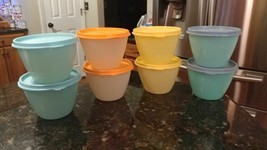 8 Tupperware PASTEL Refrigerator Bowls 14oz Lunch Hobby blue aqua yellow orange - $32.23