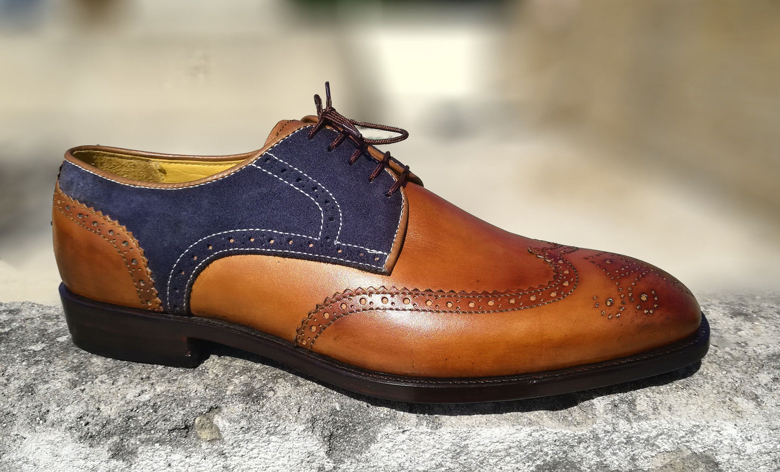 New Men's Luxury Dress Shoes, Men's Blue Tan Formal Designer Suede & Leather Sho