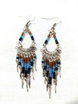 Bronze Blue Black Seed Bead And Alpaca Silver Chandelier Tassel Earrings - $9.99