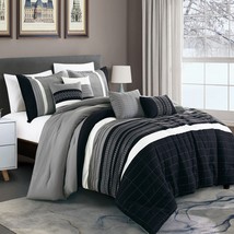 HIG 7-Piece Modern Stripe Embroidery  Bedding Comforter Set - King &amp; Queen size - £47.47 GBP+