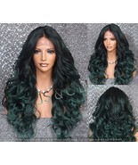 Human Hair Blend Full Lace Front Wig Center Hand Tied Part Green Mix Cur... - $119.95