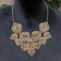 Women Vintage Gold Tone Bohemian Delicate Filigree Leaf Motif Statement Necklace - £20.04 GBP