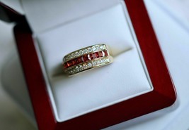 2CT Princess Cut CZ Red Garnet Half Eternity Wedding Ring 14K Yellow Gold Finish - £134.25 GBP