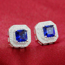 3Ct Princess Cut Blue Tanzanite Double Halo Stud Earrings 14K White Gold Finish - £82.77 GBP