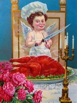 Thanksgiving Postcard Cherub Angel Baby Carves Turkey Candles Stecher 313 B - £10.75 GBP