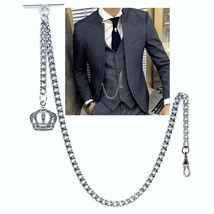 Silver Plated Albert Pocket Watch Chain for Men with Crown Fob Swivel Clip AC04 - £19.66 GBP