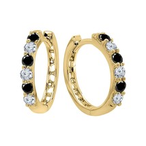 14K Yellow Gold Plated Silver Round Black &amp; White CZ Huggies Hoop Earrings Xmas - £52.27 GBP