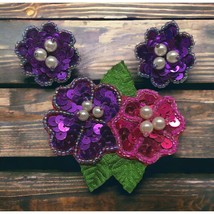 Sequin Flower Brooch and Earrings Set Avon Beaded Purple Pink Vintage - $15.99