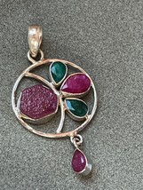 Magenta &amp; Green Stones in 925 Silver Open Circle Pendant – marked on back – - £19.28 GBP