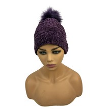 Purple Pearl Knit Beanie With Faux Fur Pom Pom One Size - $14.00