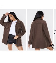 NWT PrettyLittleThing PLT Chocolate Brushed Longline Button Down Shacket 12 - $27.36