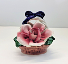 Vintage Capodimonte Ceramic Flower Basket Pink &amp; Yellow Roses 3.5&quot; x 4.5&quot;  - £15.92 GBP