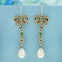 Blue Emerald and Pearl Vintage Style Bow Drop Earrings in Solid 9K Yellow Gold - £639.48 GBP