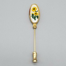 Vintage Sun Flower Enamel Stick Hat Pin Gold Tone Oval 2.75&quot; Floral - $14.99