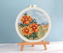 Marigold cross stitch botanic pattern pdf - Round cross stitch marigold flowers  - £6.82 GBP