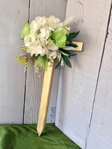 Hand-Painted Pine Cemetery Cross: Pale Green Geraniums Grave Decoration - $26.00