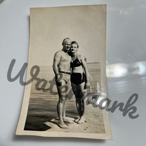 1940s Photograph Man And Woman In Swimsuits Beef Cake Bathing Suits  - $11.88