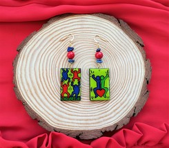 Painted Wood Colorful Resin earrings inspired by Keith Haring pop art Jewelry - £37.19 GBP