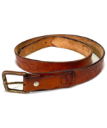 Vtg Hand Tooled Leather Belt-Bear Elk Wolf Bison-Brown-Brass Buckle-West... - $37.40