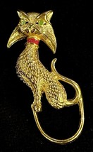 Vintage Gold Cat Brooch Jeweled Kitty Cat Gold Tone Green Eyes &amp; Red Col... - £11.05 GBP