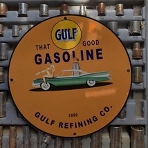 Vintage 1950 Gulf Refining Co. and Gasoline Porcelain Gas &amp; Oil Metal Sign - £98.49 GBP
