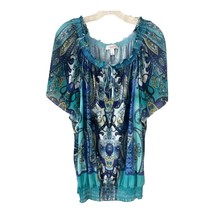 Dressbarn Women’s 2X Boho Peasant Top – Blue Paisley Smocked Flutter Sle... - $376.47 MXN