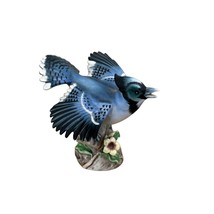 Porcelain Blue Jay Perched on Stump with Yellow Flower Home Decor Gift - £17.17 GBP