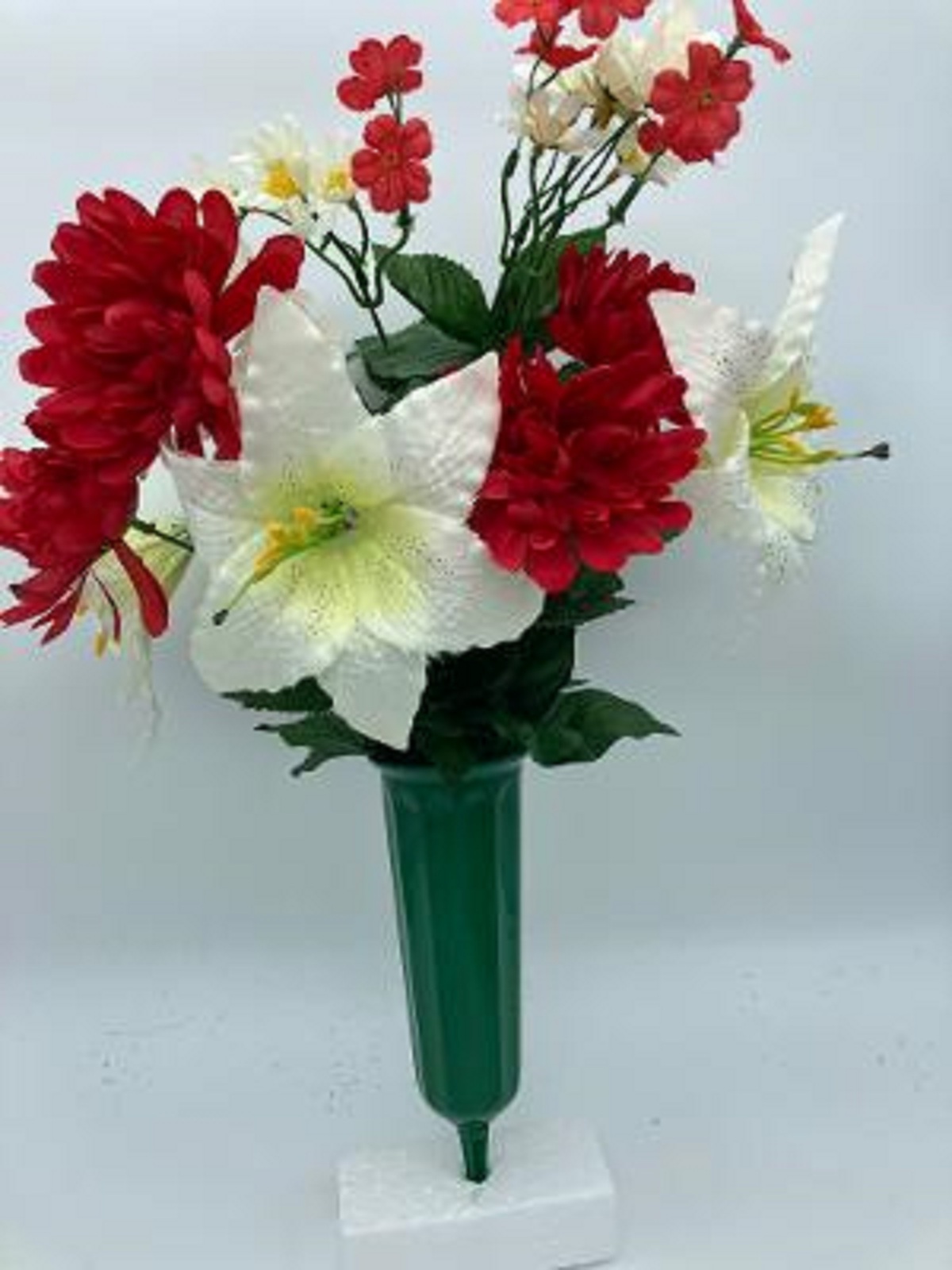 Silk Flower Red Mum & Lilly Bouquet Vase  - $49.79