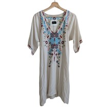 BIYA Johnny Was Embroidered Cream Silk Tie Waist Short Sleeve Dress Women&#39;s Sz S - £47.47 GBP