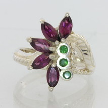 Red Purple Rhodolite Green Tsavorite Garnets Handmade Silver Ladies Ring sz 7.75 - £108.25 GBP