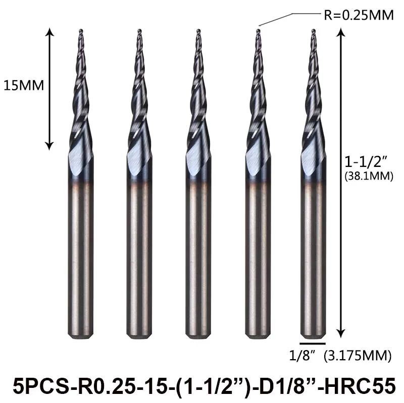 5pcs/Lot Tungsten Solid Carbide Inch Size 3.175mm Ball Nose Tapered End Mill Rou - £207.87 GBP